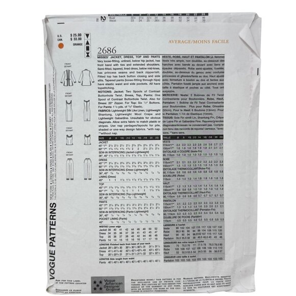 Lot 5 Vtg Vogue Patterns Sizes 12-14-16 Pants Dresses Jackets Wardrobe New Uncut - Picture 9 of 11